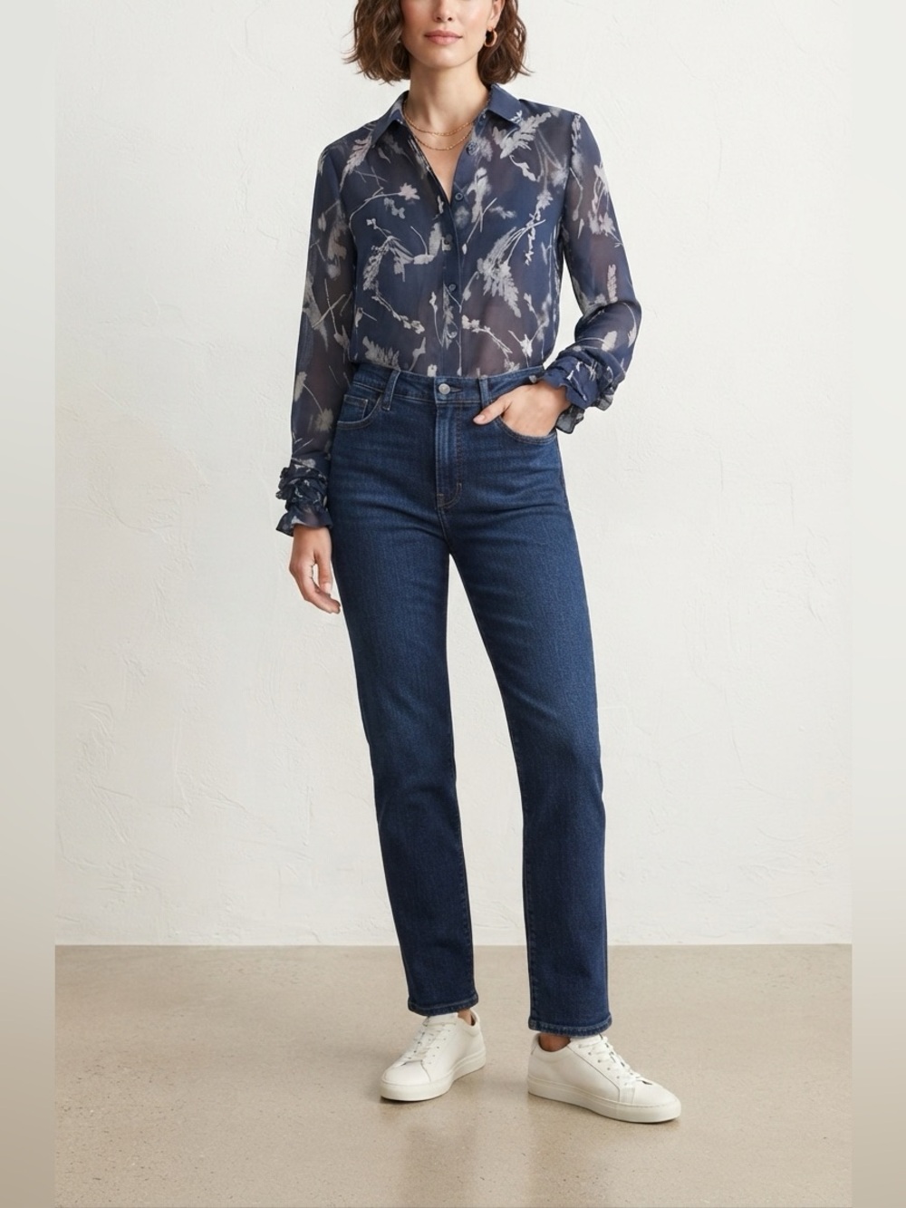 BANANA REPUBLIC Navy Dark Floral Button Down Shirt Smocked Cuff Blouse Sz S❤️